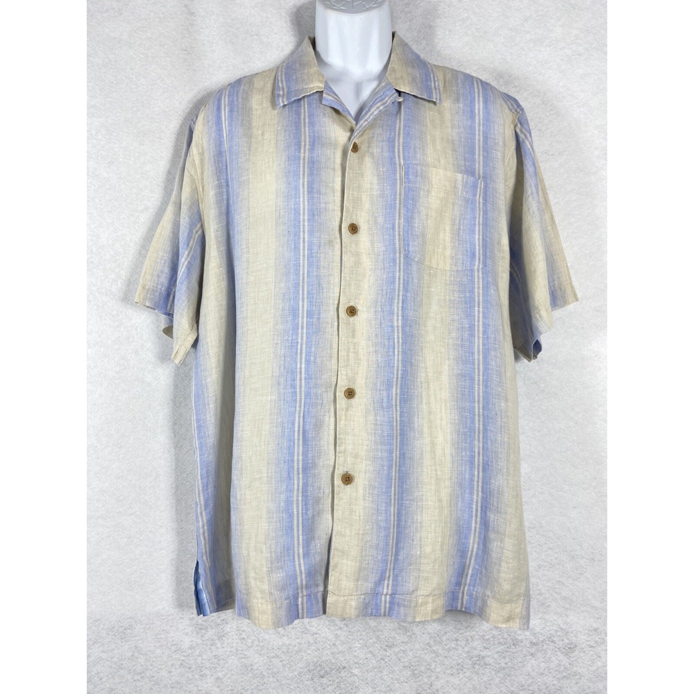 Tommy Bahama Shirt Men's L Beige Blue Button Up 100% Linen Short Sleeve Striped